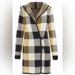 Cabi Buffalo Check Print Knit Hooded Sweater Coat with Toggle Buttons Size L